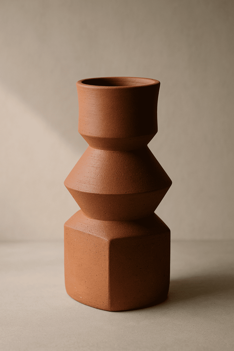 Geometric terracotta vase with an angular faceted shape